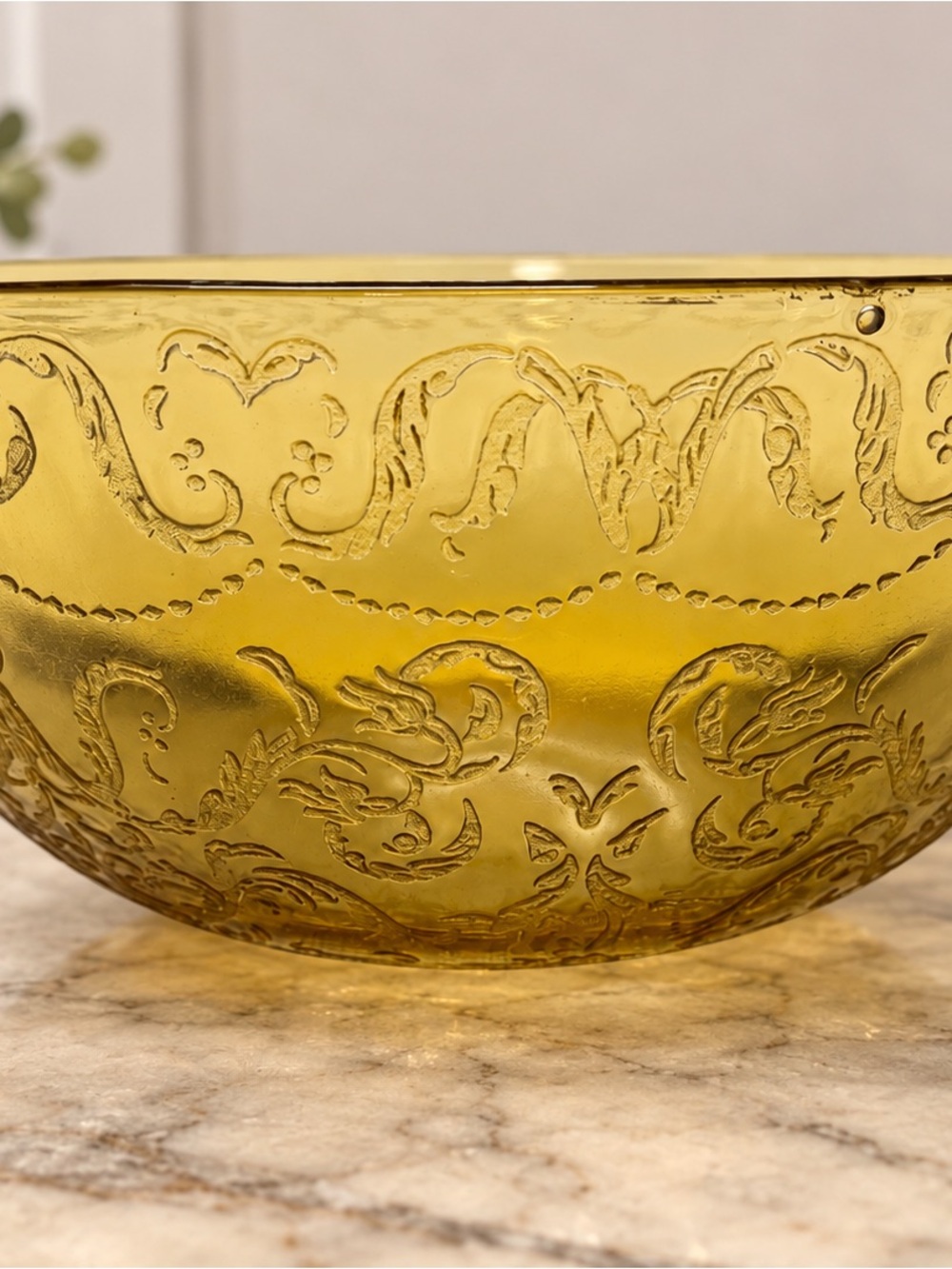 Vintage Amber Glass Large Serving Bowl Ornate Floral Scroll Pattern 9”
